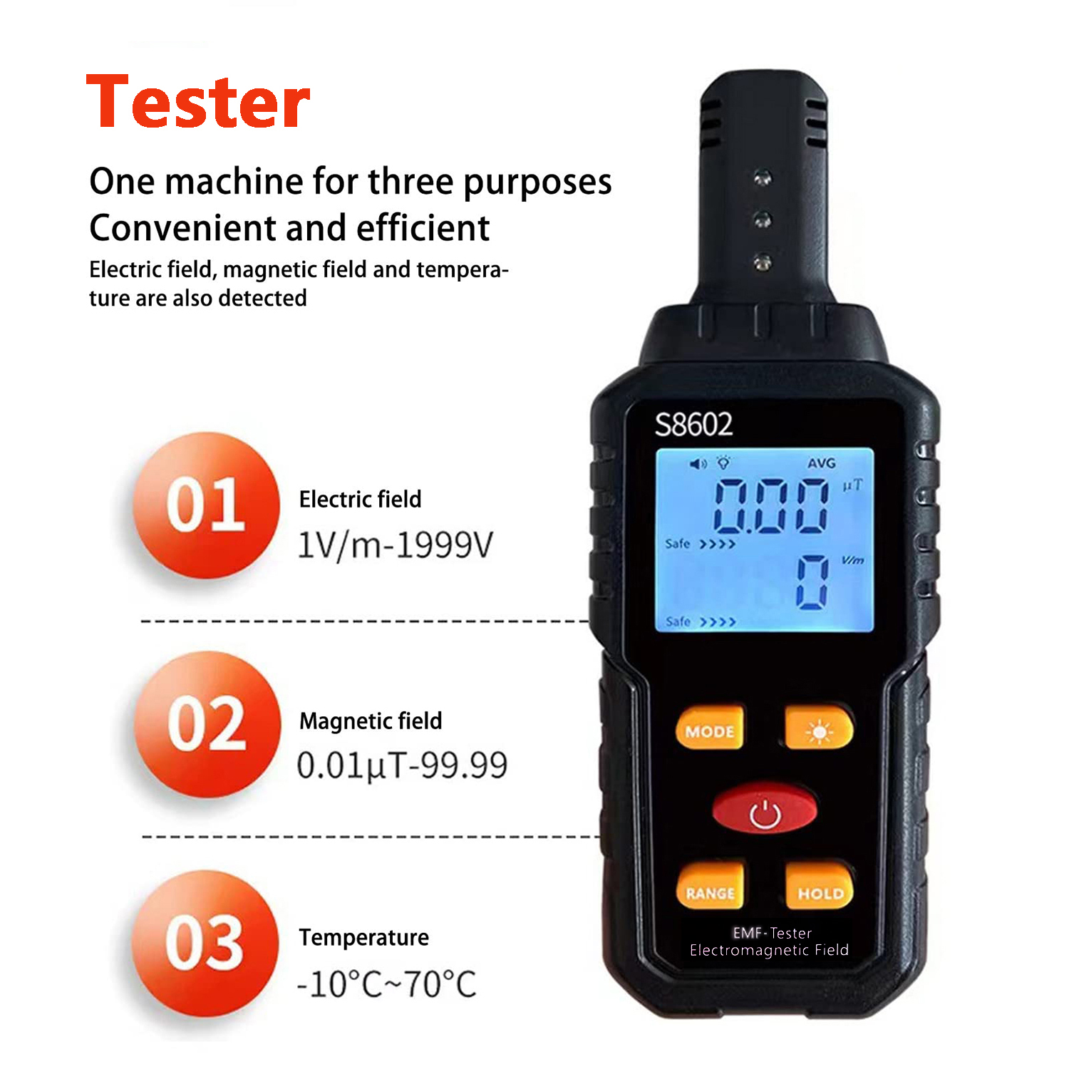 3-in-1-EMF-Messgerät S8602, Strahlungsdetektor für elektromagnetische Felder, EMF-Tester für Zuhause, EMF-Detektor, Geisterjagd-Ausrüstung