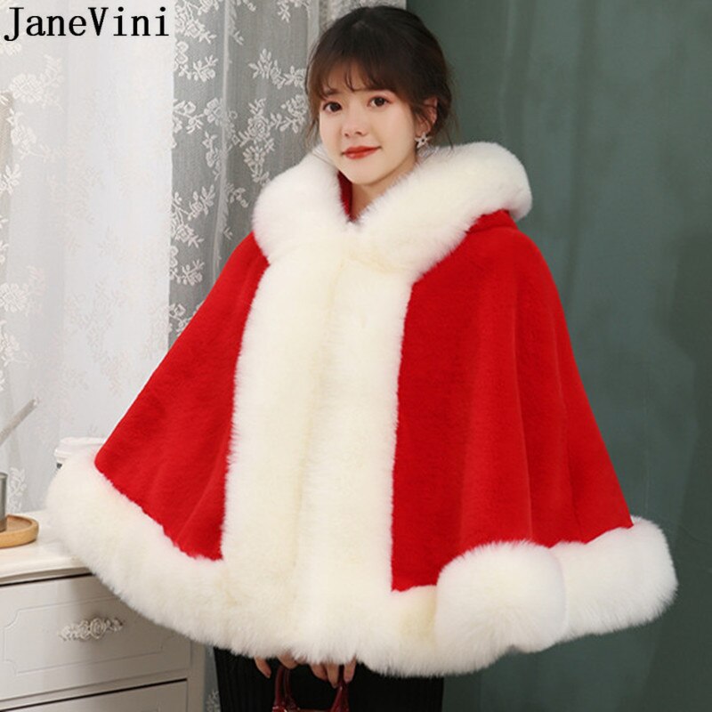 JaneVini bianco rosso pelliccia sintetica avvolgere da sposa inverno matrimonio donna scialle con cappuccio stola di pelliccia coprispalle mantello soprasse Fourrure Blanche Mariage