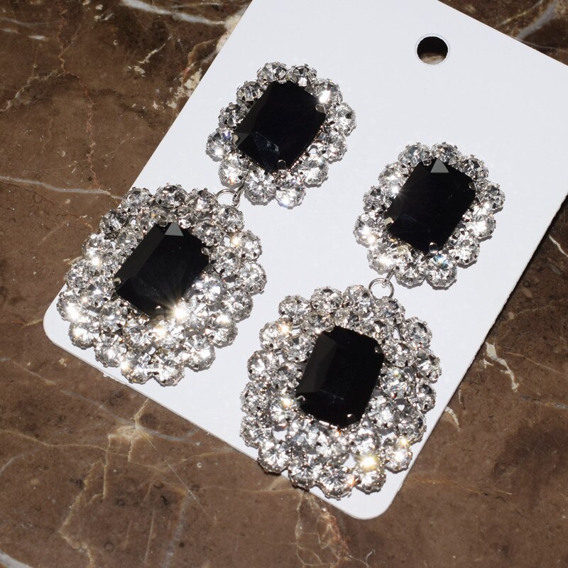 Black Crystal Big Dangle Earrings For Women Jewelry Party Show Lady's Statement Earrings Accessories