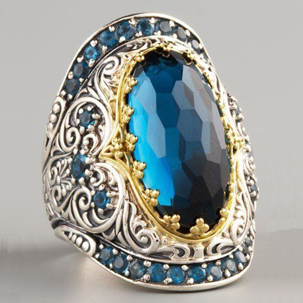 Bague Antique en Zircon bleu pour femmes et hommes, grande bague Boho ovale en cristal autrichien, bijoux de fête de mariage