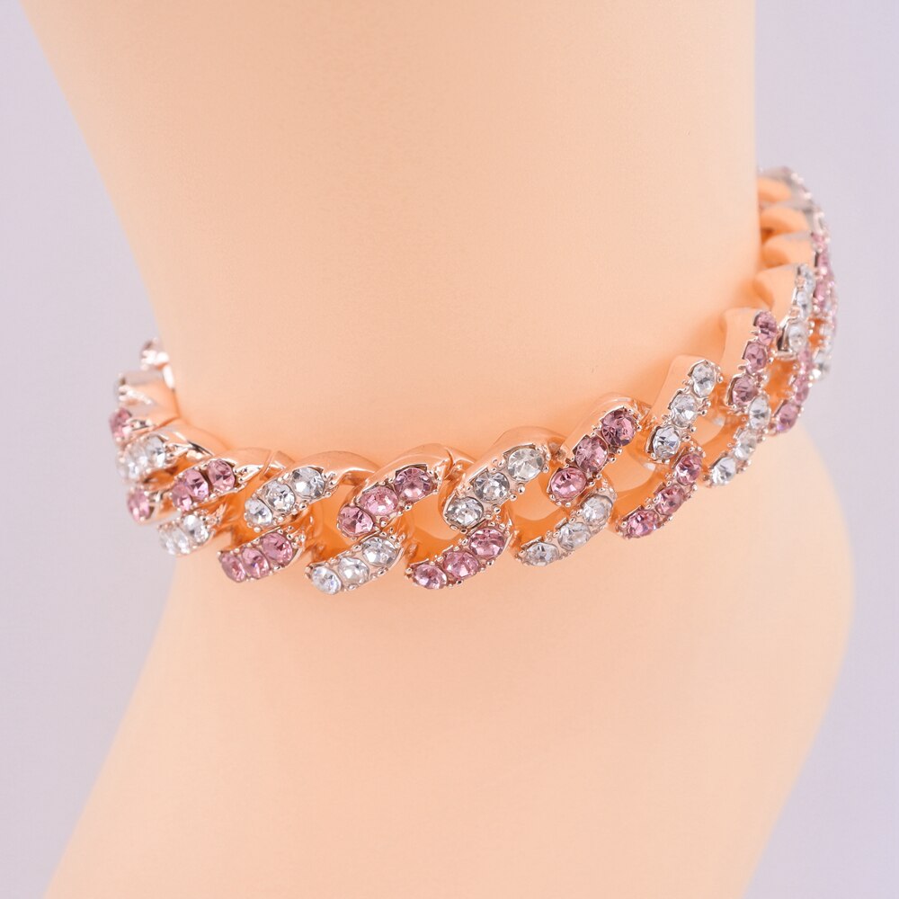 cuban link anklets hip hop women chain foot legs jewelry 12mm cuban chain pink crystal rose gold silver color iced out: Rose MixPink 9inch