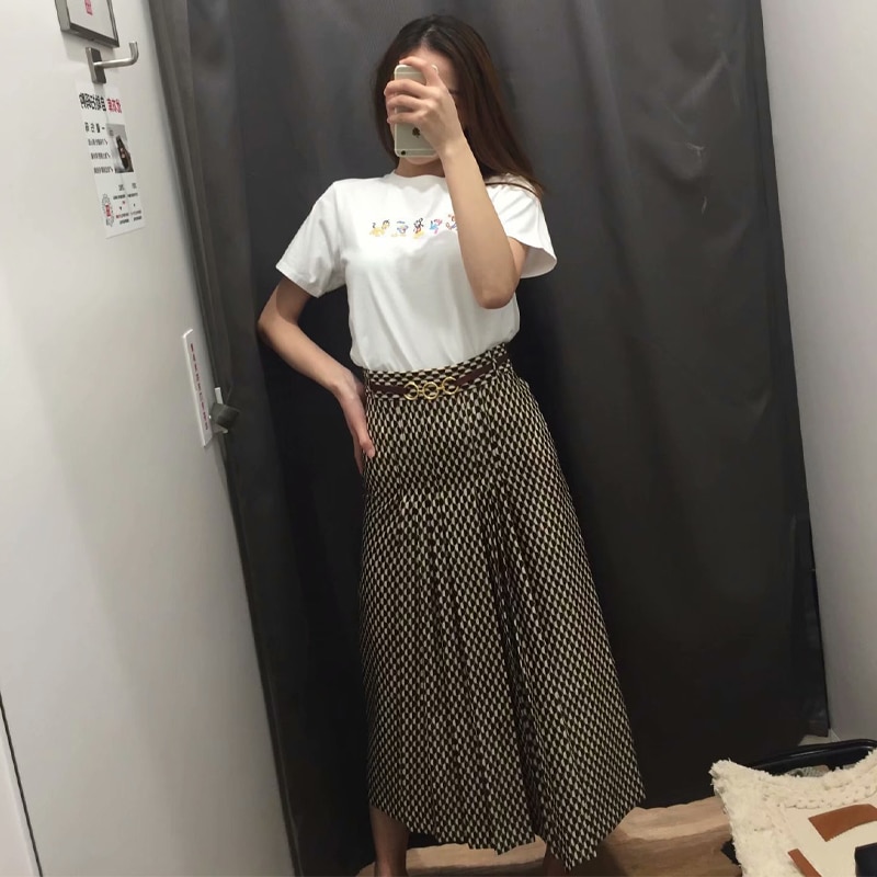 oversized women skirts autumn geometric print midi skirt casual vintage office with belt ladies long skirts