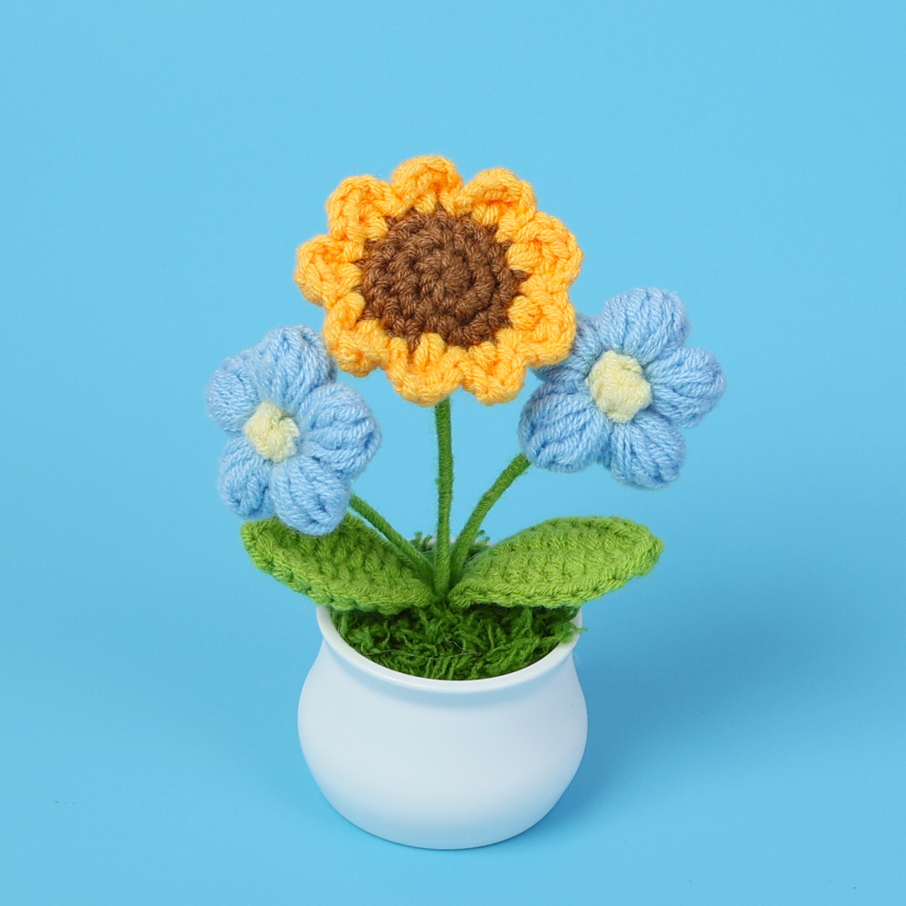 Strikket solsikke potte søt heklet gul blomst håndvevd plante bryllup skrivebordsdekor konfirmasjon flores heklet: Hvit