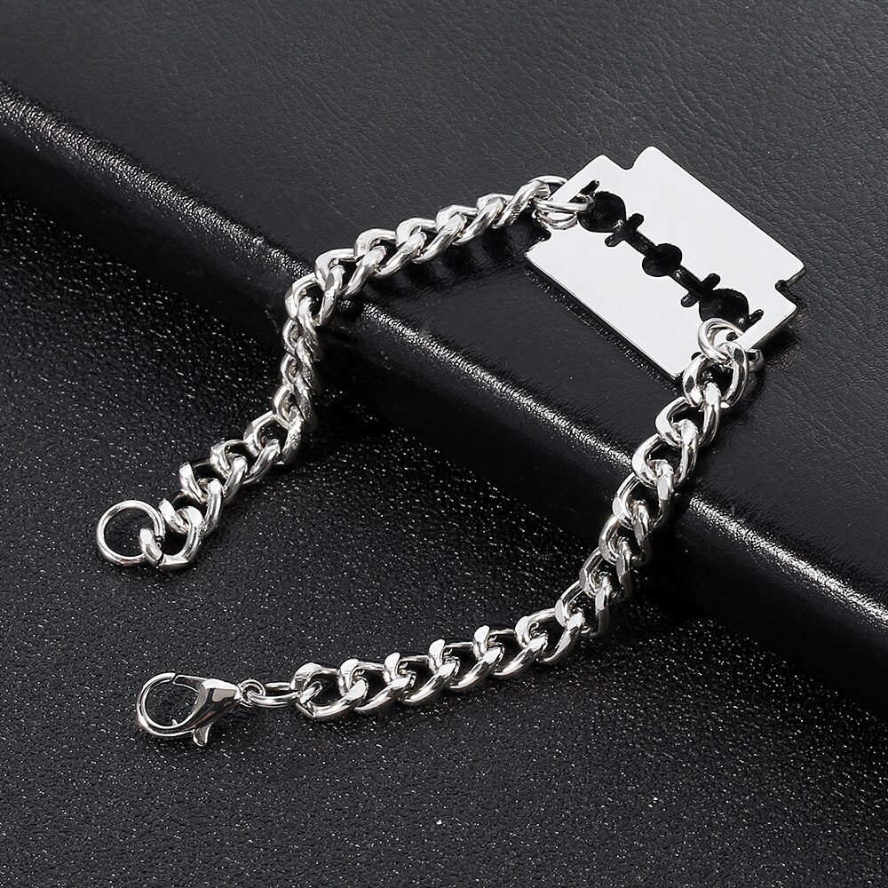 Punk Hip Hop Razor Blades Shaped Pendant Bracelet Men Silver Color Miami Curb Thick Choker Bracelet Jewelry Husband