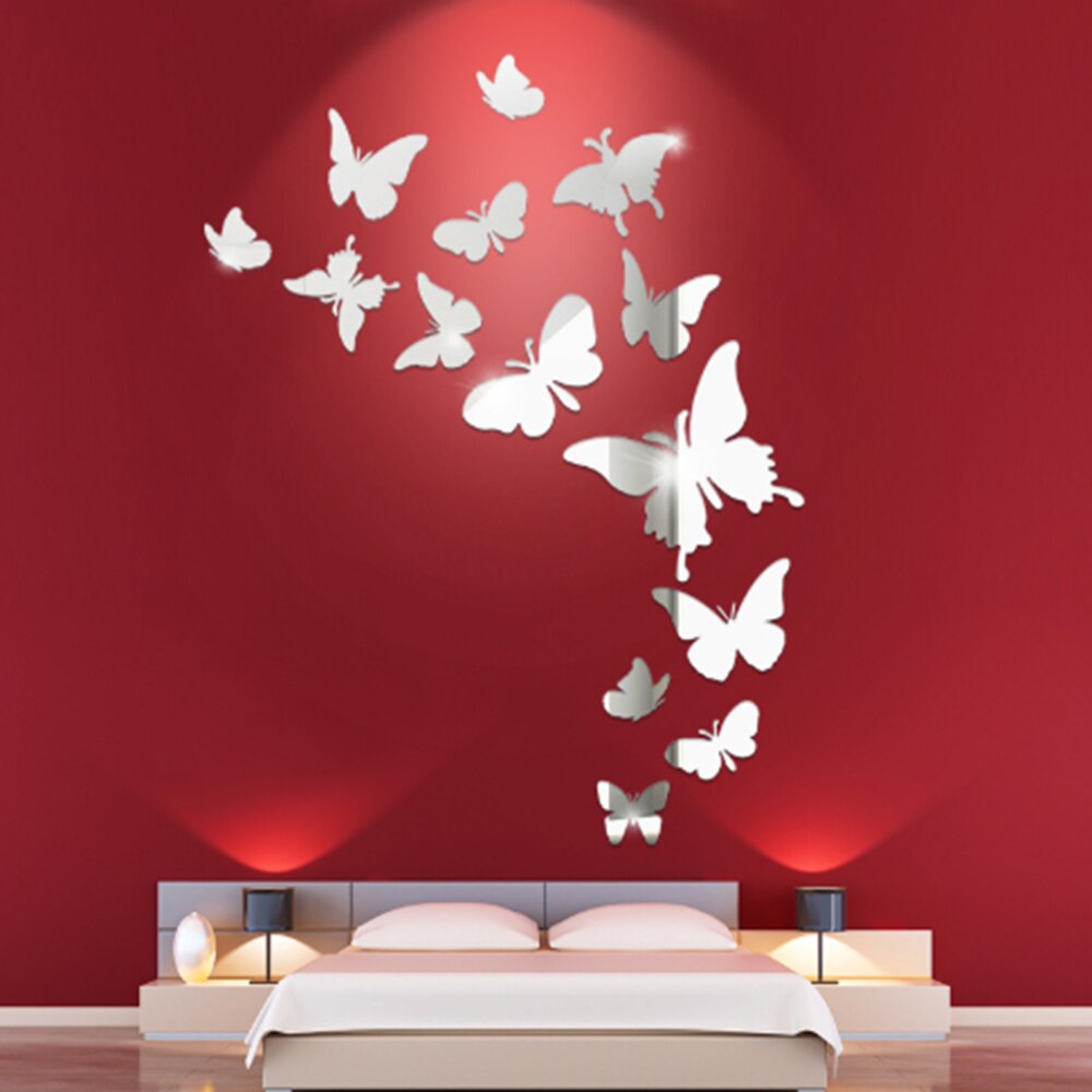 1/2Set 3D Mirror Butterfly Wall Sticker Acrylic Wall Art Home Decal Butterflies Combination Wall Decor Decoration Stickers: Silver / 1Set-13pcs