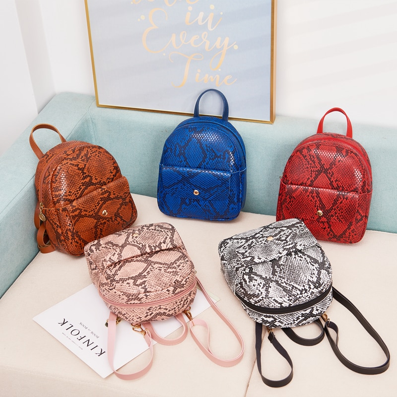 Women Ladies Snakeskin Pattern Backpack Ladies Stylish Small Zipper Purse Casual PU Satchel for Travel Shopping