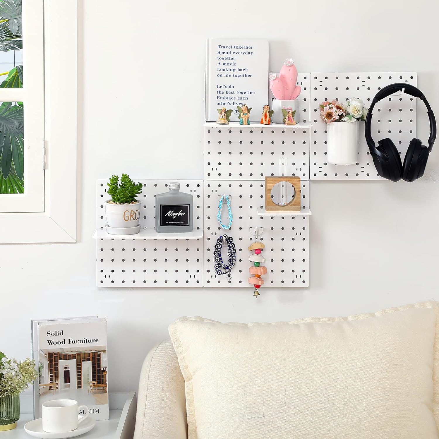 Organizador de estante de pared con tablero de agujeros de plástico, Panel de tablero perforado de exhibición de montaje en pared para dormitorio, estudio, oficina, baño, garaje, 4 Uds.