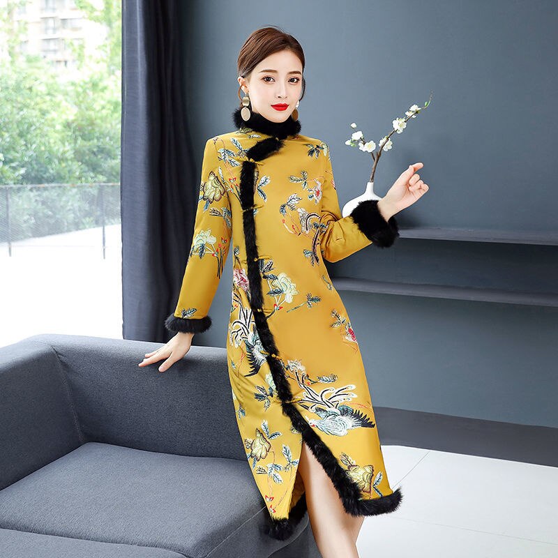 Yellow Print Mid-length Slim Qipao Chinese Dress Women Hanfu Traditional Oriental Robe Winter Thicken Warm 2022 Cheongsam