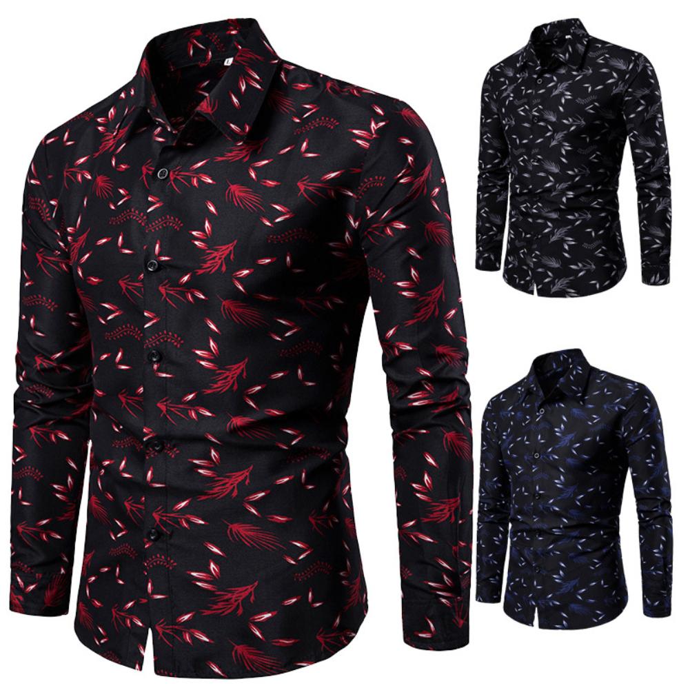 Camisa a la para hombre 4XL, cuello vuelto, informal, manga larga, estampado de hojas, botón, camisa delgada de talla grande, camisa de Negocios Sociales para hombre