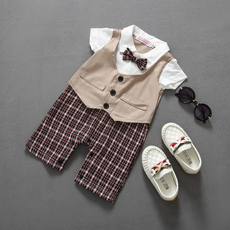 Mode Plaid Katoen Pasgeboren Kid Baby Boy Baby Outfits Jumpsuit Rompertjes Gentleman Set