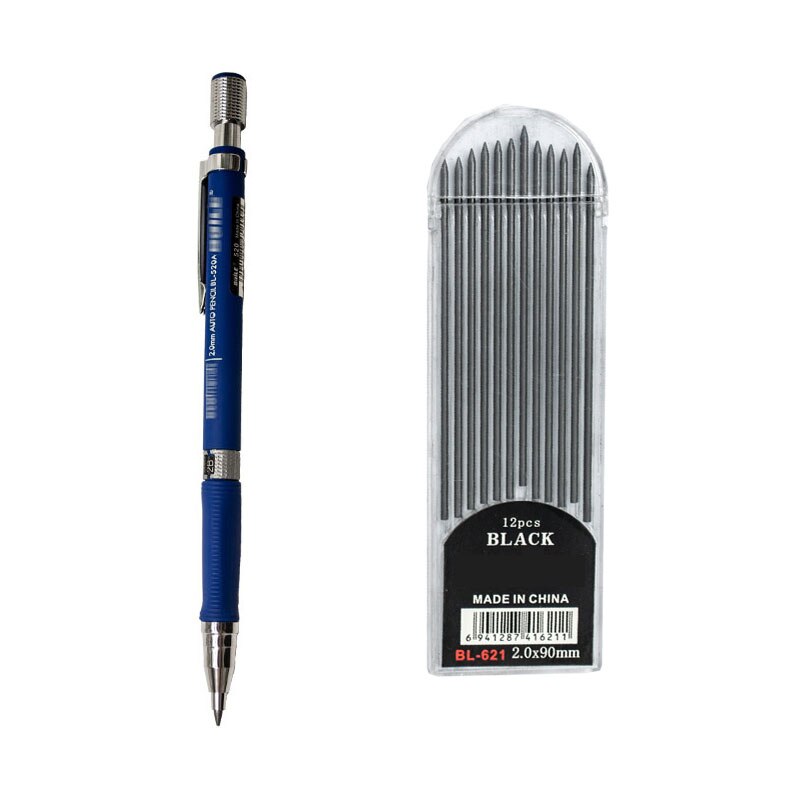 Automatic Mechanical Pencil 2.0mm Thick Writing Point Pencil Drawing Painting Black Refills School Office Stationery: 1 Pen BE Refills-BK