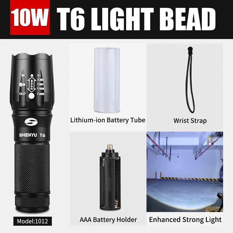 SHENYU LED Flashlight 18650 26650 Torch Waterproof Flashlight Cree XML t6 1000 lumen Zoomable Light: 1012 T6 10w Enhanced