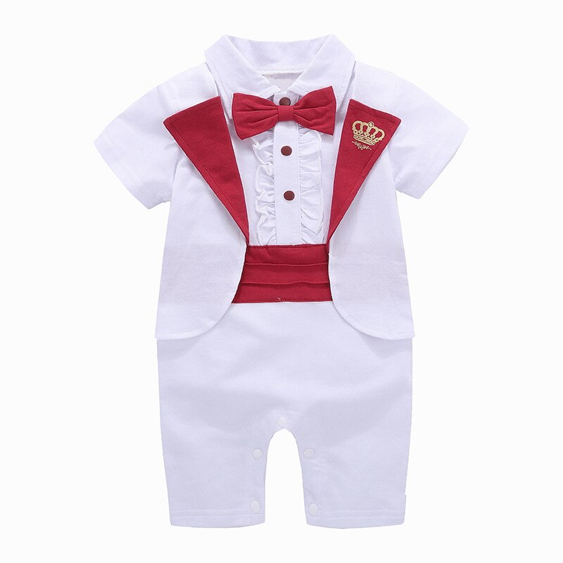 Baby Rompertjes Voor Pasgeboren Zomer Kleding Jongens Korte Mouw Outfit Kinderen Formele Een-Stukken Tuxedo Katoen Wit Rood: 6m