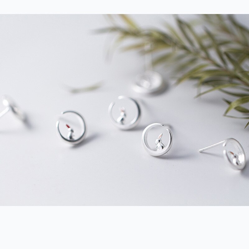 MloveAcc romantyczny 925 kolczyki sztyfty ze srebra wysokiej próza pomocą dla kobiet piękny królik siedzi na księżycu szterling-srebrny-biżuteria