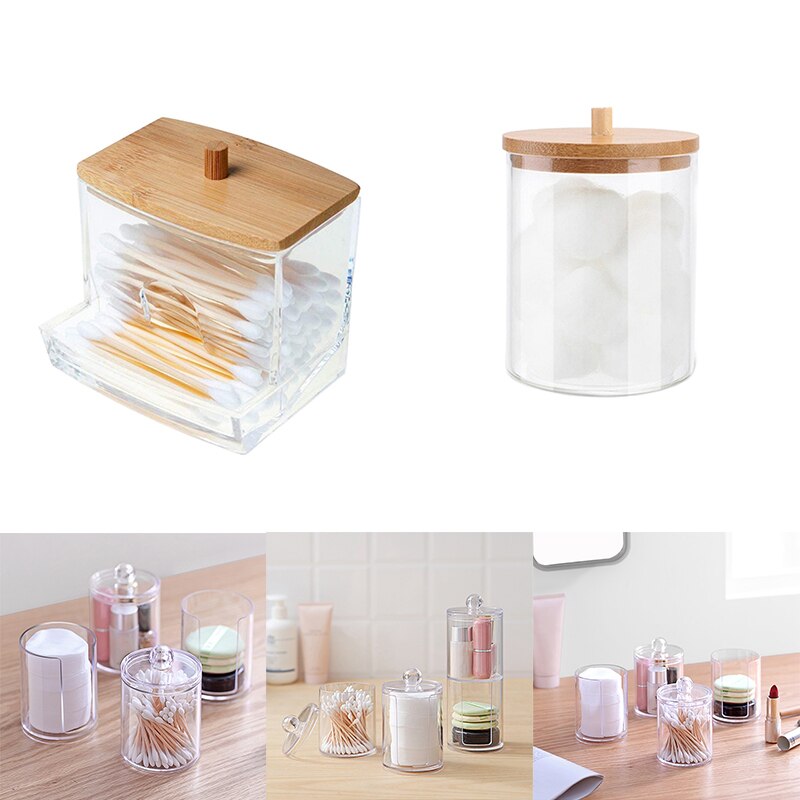 Makeup Cotton Pad Organizer Storage Box For Cotton Swabs Rod Cosmetics Jewelry Bathroom Qtip Container with Bamboo Lid