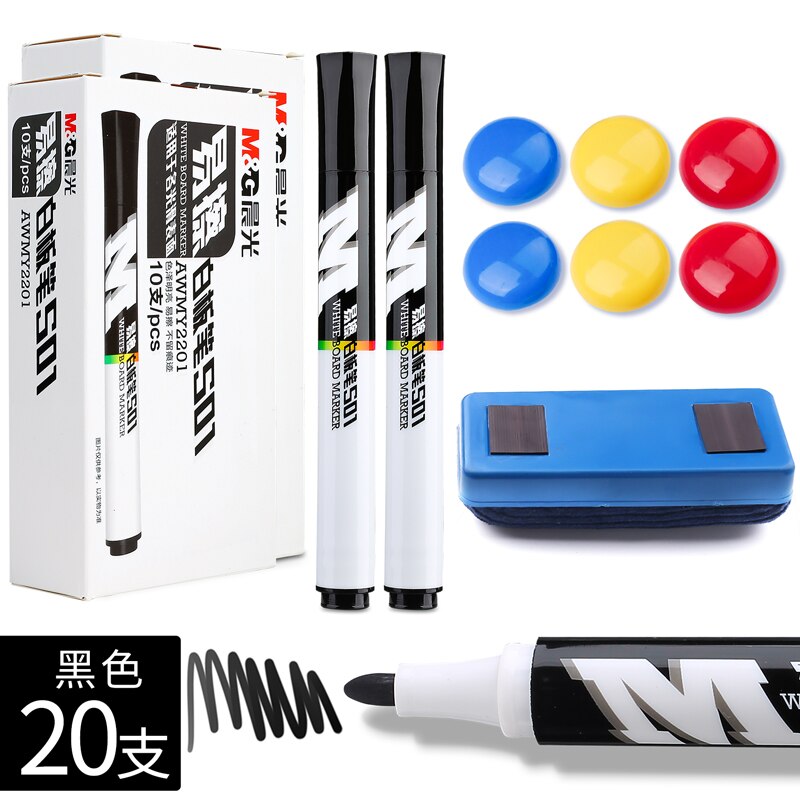 M &amp; G White Board Marker Zwart/Blauw/Rode Inkt Met Witte Boord Gum En Magnetische Blok Non-Irriterende Geur Voor Kits Office Supply: 20 Black