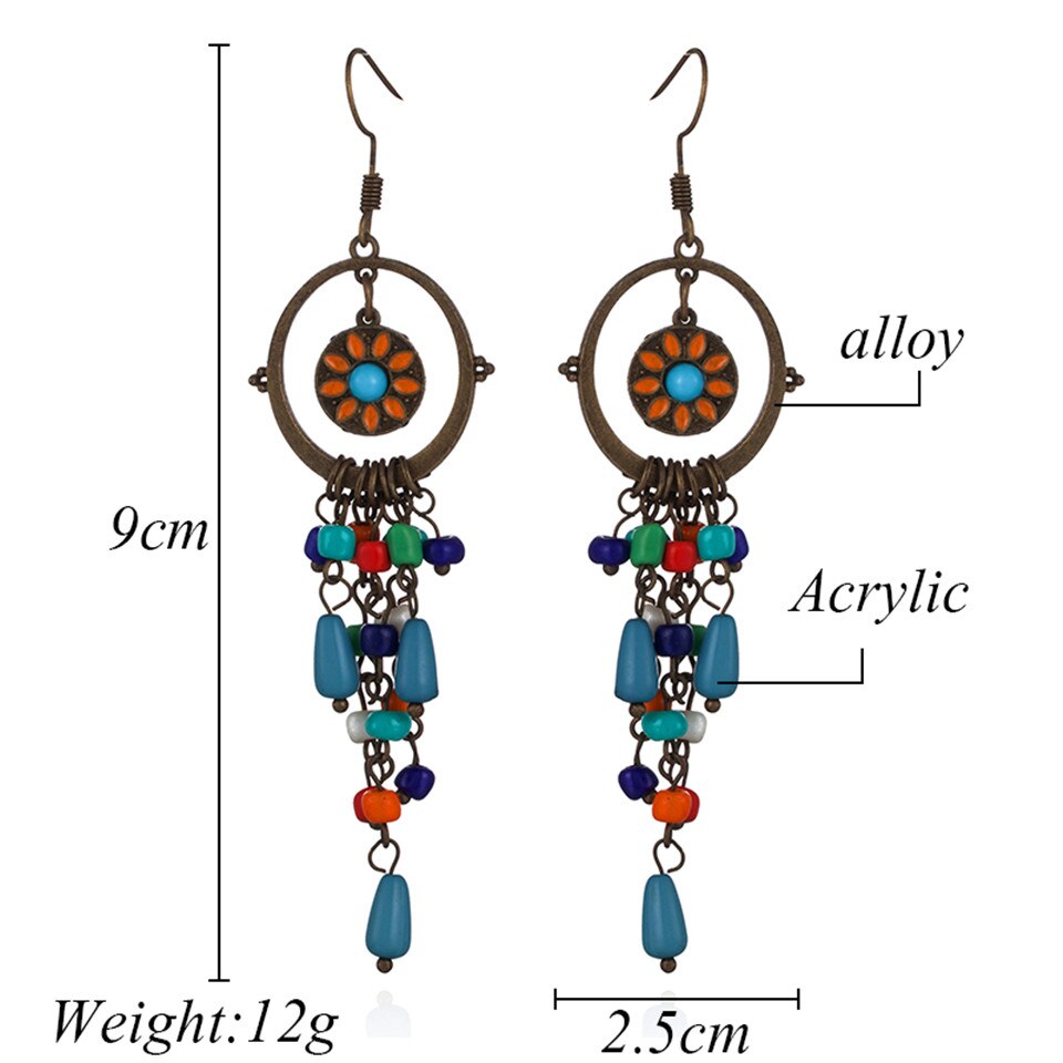 Bohemian long acrylic beads tassel earrings jewelry Boho ethnic round sun flower pendant dangle earrings for women