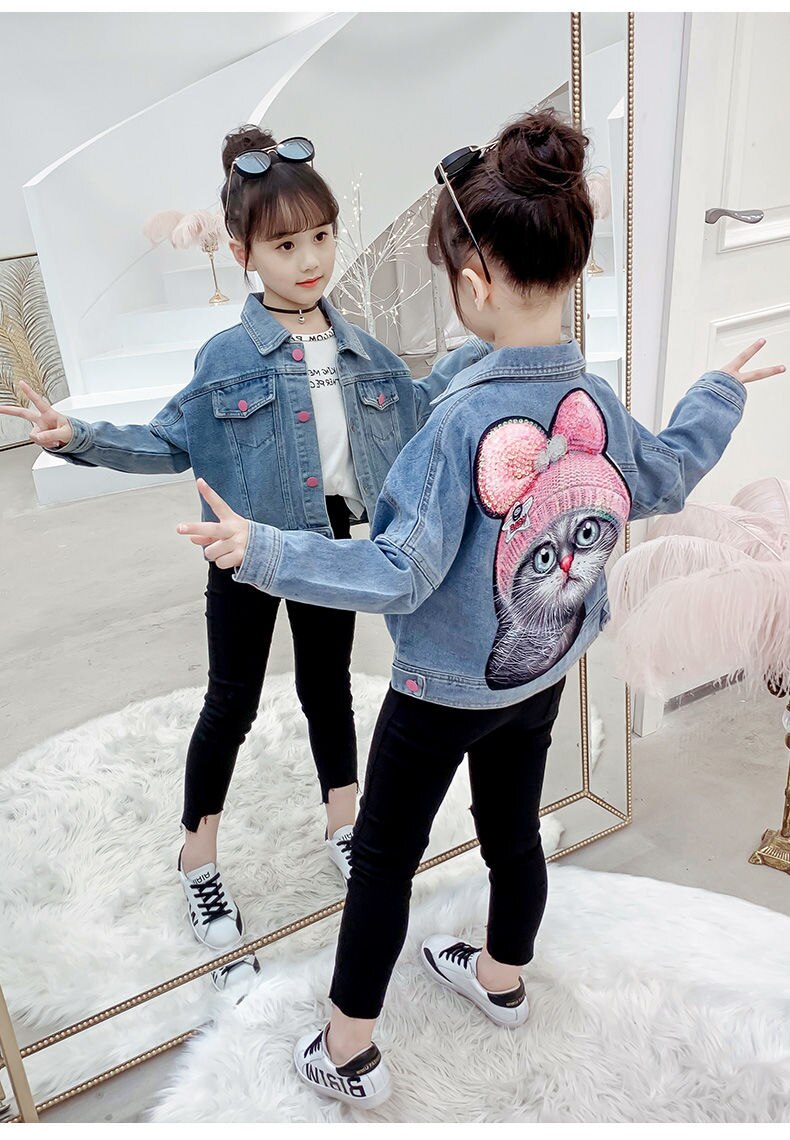 Lente Herfst Meisjes Denim Jas Kinderen Student Denim Top Baby Casual Jas Cartoon Jas Voor Meisje 4 6 8Y