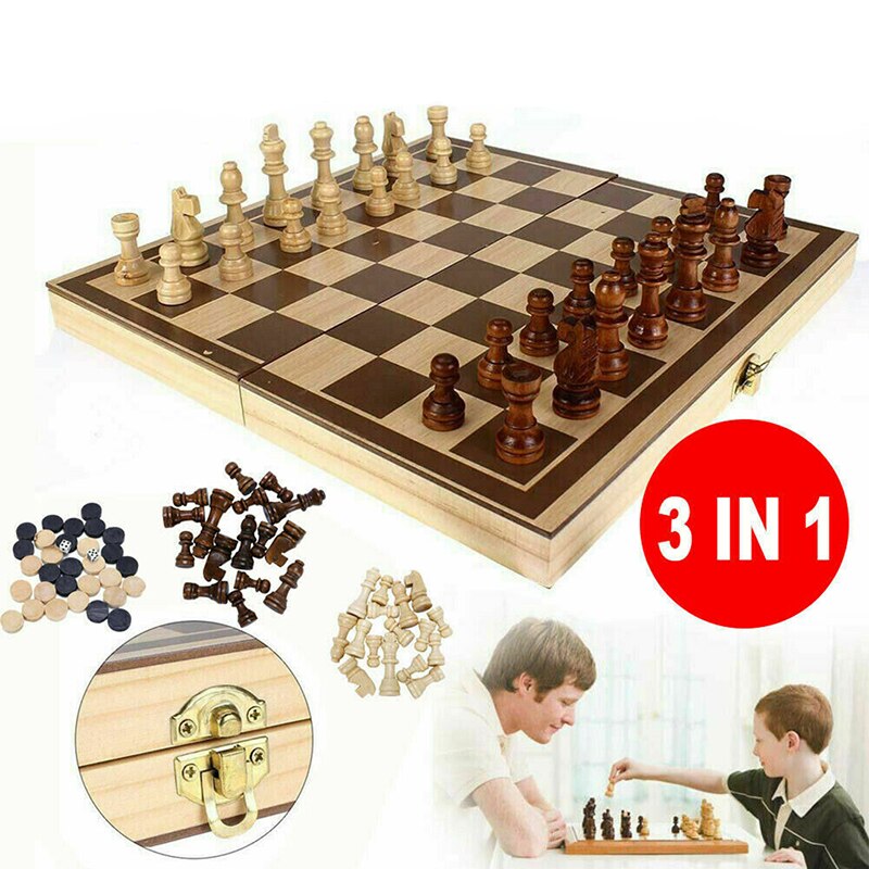 1Day Large Wooden Folding Chess Set Wood folding 3-in-1 chess natural log environmental paint work chess