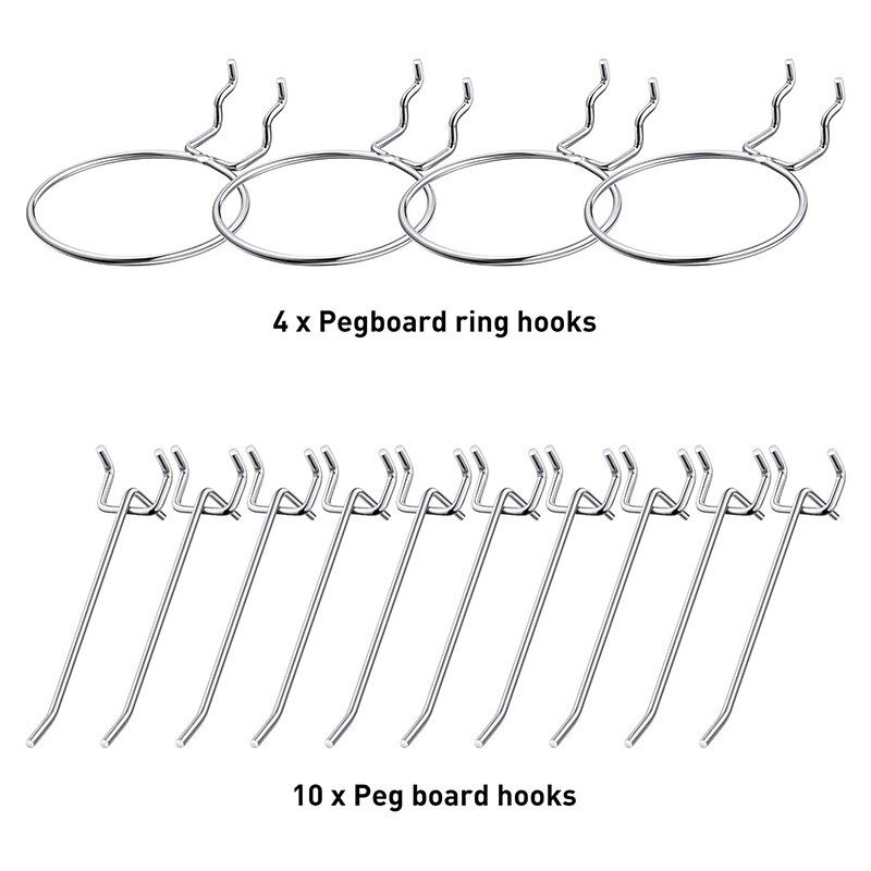 14 Pcs Pegboard Hooks Set Includes 4 Pcs Circle Hooks Ring Style Pegboard Hooks and 10 Pcs Pegboard Pegs Board Hook Set