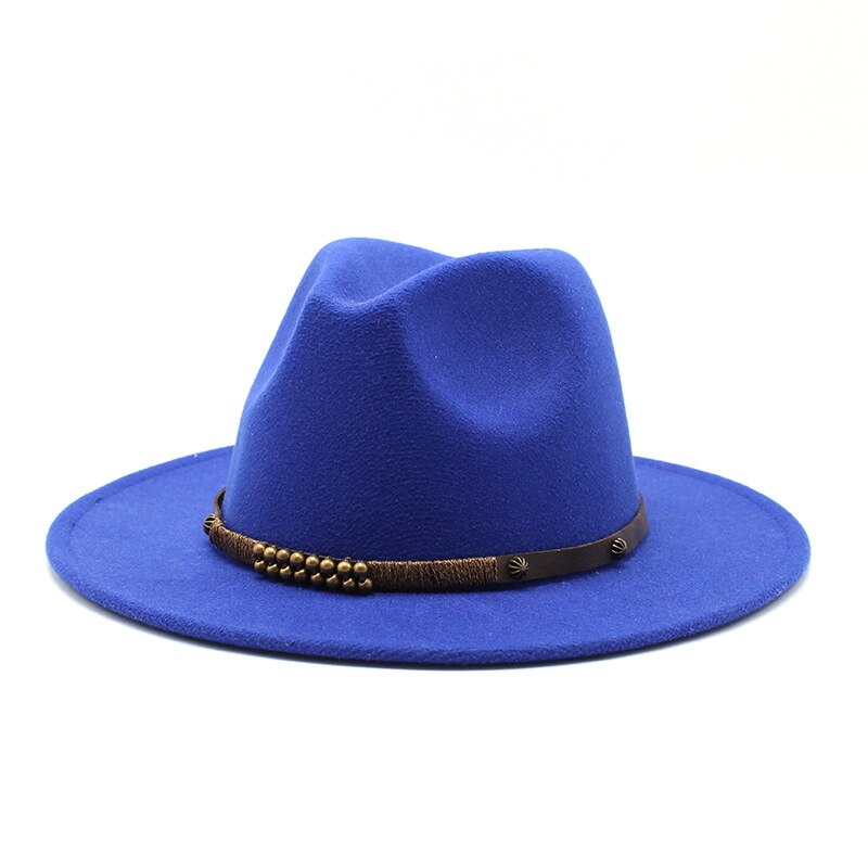 Women Men Wool Vintage Gangster Trilby Felt Fedora Hat Wide Brim Leopard Belt Gentleman Lady Winter Autumn Jazz Cap: Royal blue