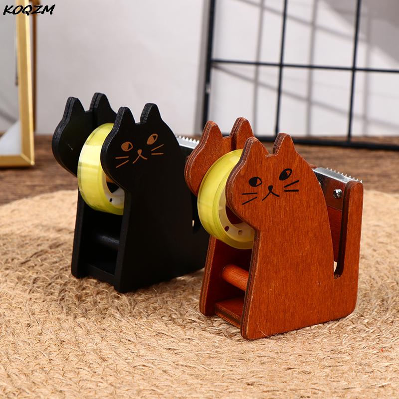 Distributeur de ruban adhésif en bois Vintage, dessin animé chat mignon rouleau coupe-ruban, support de ruban Washi, outil d&#39;emballage manuel, accessoire de bureau