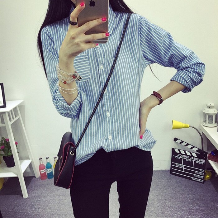 automne femmes hauts et chemisiers à manches longues rayé Blouse chemise femmes chemises décontractées femme collège Style