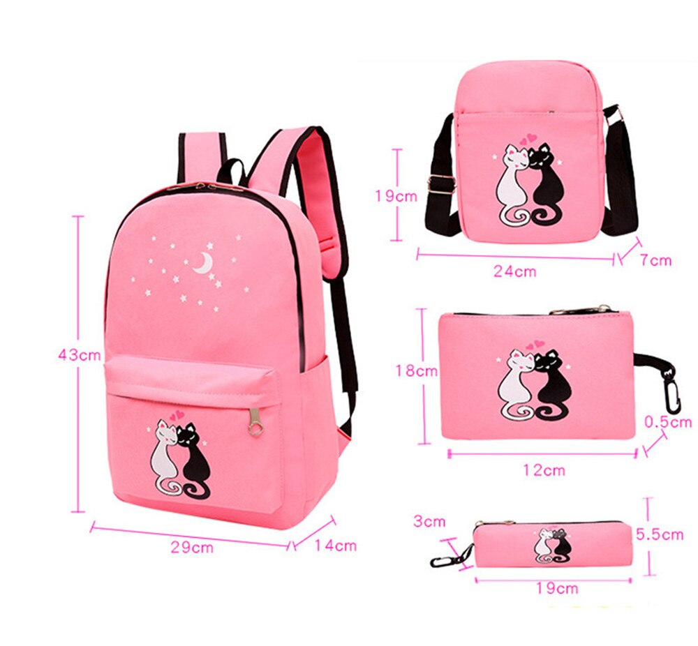 4 pçs/set Lona Impressão Backpack School Bolsas Para Meninas Gato Crianças Mochila Escolar Adolescente Meninas Preppy Mochila Bonito Mochila