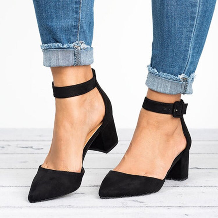 Sandalen voor vrouwen met open teen en middelhoge dikke hak - Riem gesp en suède