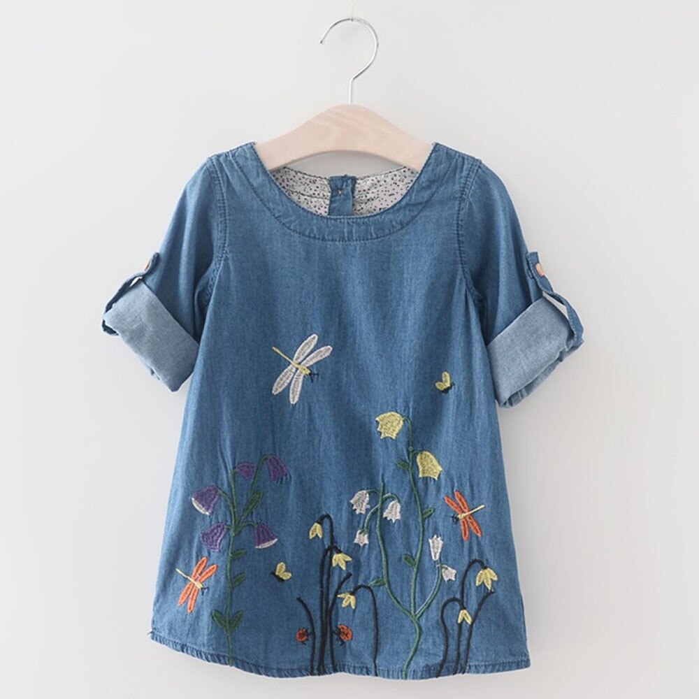 Mode Baby Kids Meisjes Korte Mouw Bloem Borduren Denim Prinses Jurken Peuter Meisje Zomer Kleding Hoge