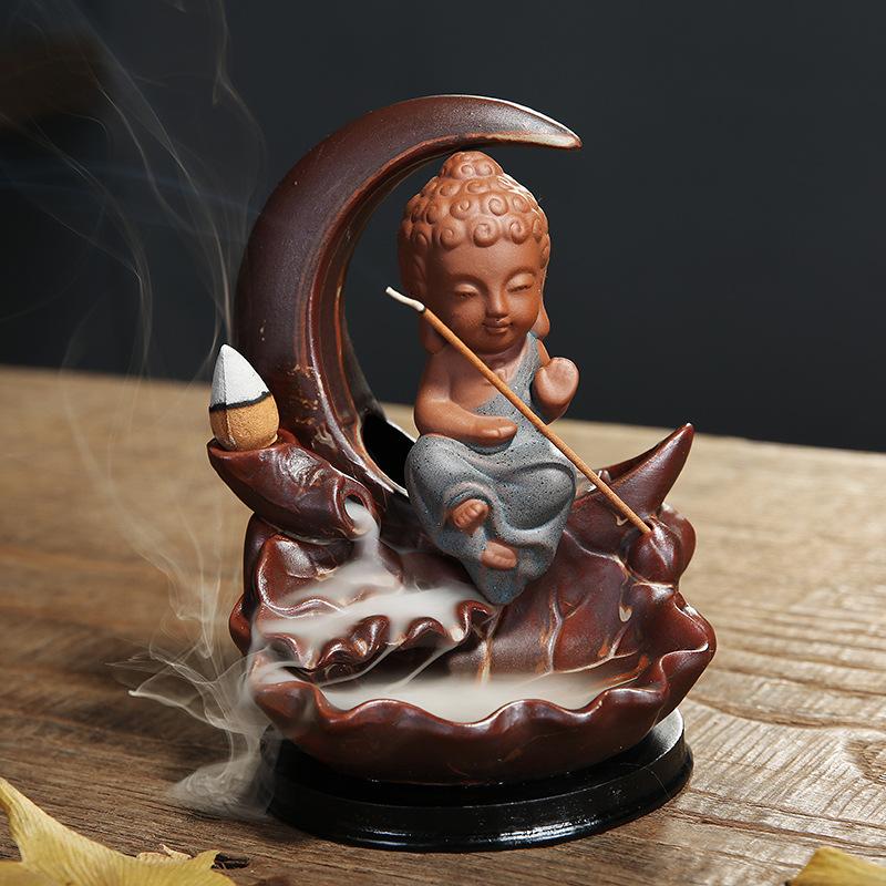Small Buddha Backflow Incense Burner Smoke Waterfall Incense Sticks Holder Ceramic Lotus Flower Incense Censer Decorative Buddha: blue