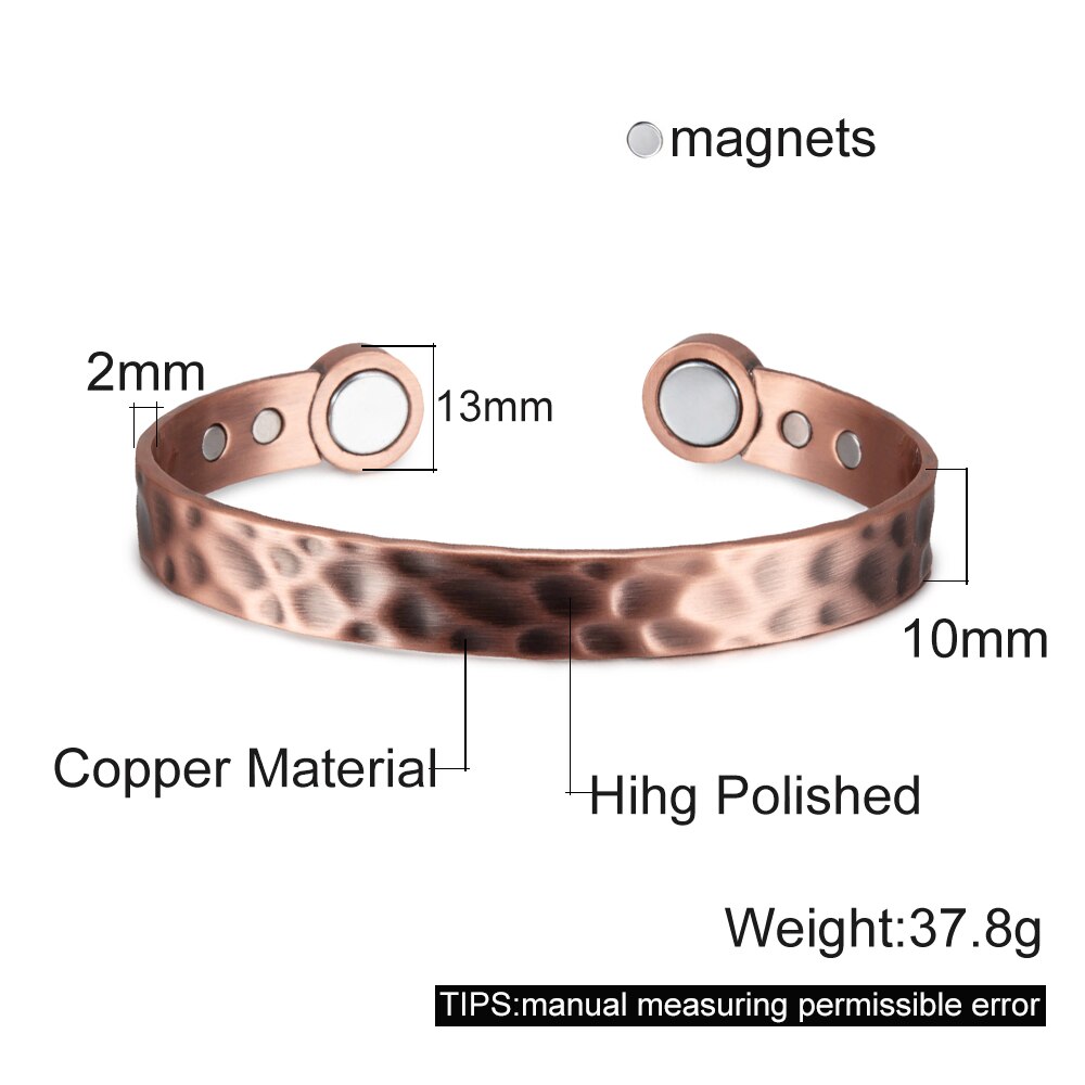 Pulsera magnética de cobre para hombre, brazalete magnético ajustable de 10mm, para la salud, energía, brazalete abierto