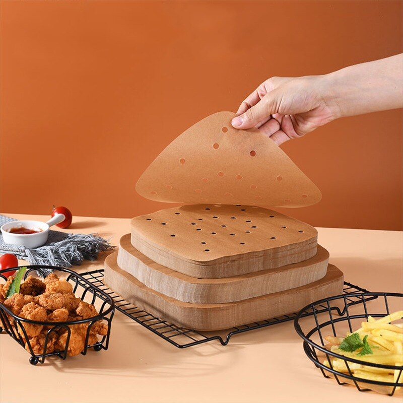 100Pc/Bag Air Fryer Steamer Liners Premium Perforated Wood Pulp Papers Non-Stick Steaming Basket Mat Baking Utensils For Kitchen