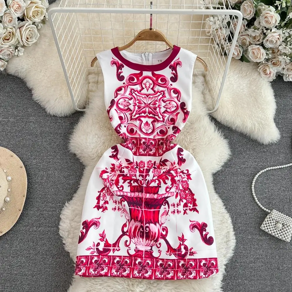 Robe en porcelaine bleue et blanche pour femme, col rond, imprimé de fleurs, mini robe, précieux, éducatif, rouge fibre, estivale, piste de: XL / Rouge