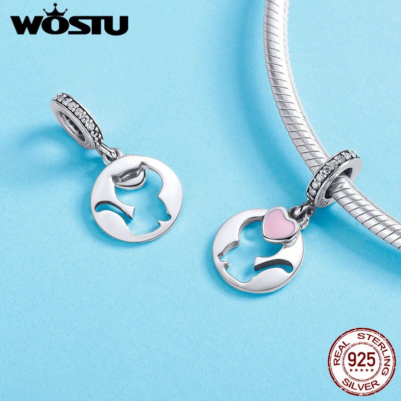 WOSTU 925 Sterling Silver Cat Dangle Charms Pink Heart CZ Bead Fit Women Original Bracelet Bangle Animal Charms Jewelry CQC1140