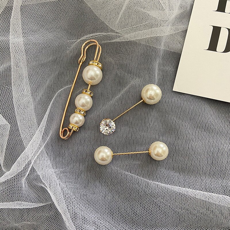 INS Network Red Pearl Brooch Female Anti-Exposure Buckle A- line Pin Fixed Clothes Small Pin Safety Pin Corsage Accessories: 4  Man made Diamond Three Pearl Brooch Three piece Set