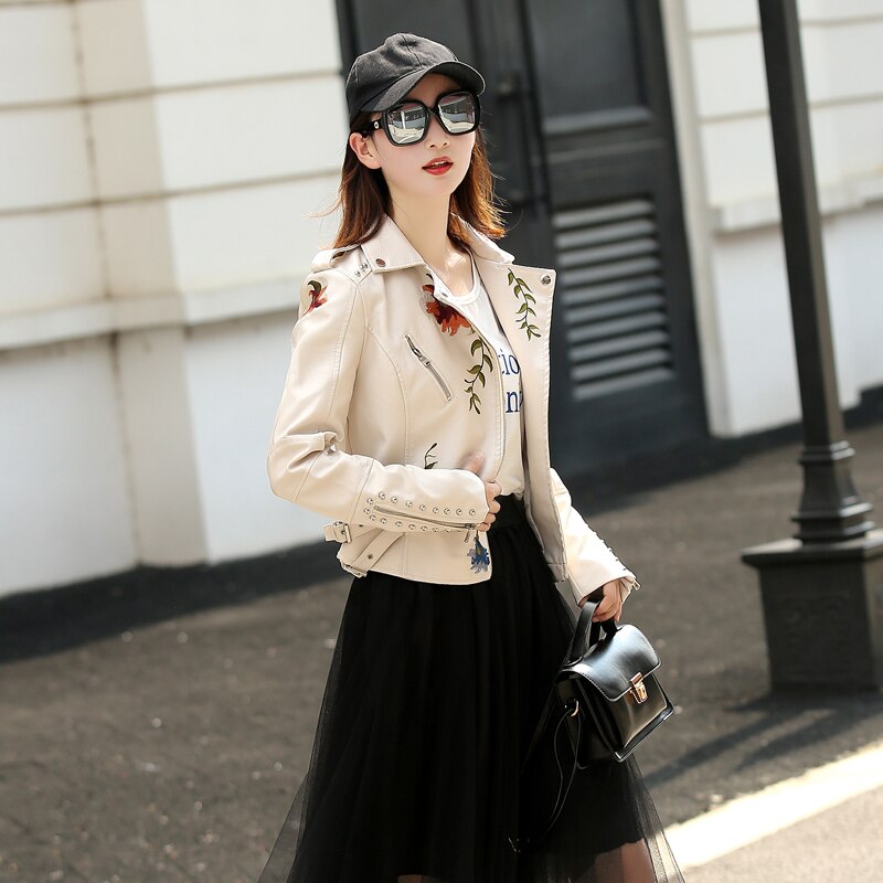 FTLZZ Embroiderry Fleur Femmes Pu Vestes En Cuir D'hiver Femmes Patché Rivet De Luxe Hip Hop Biker Veste Femme Manteaux