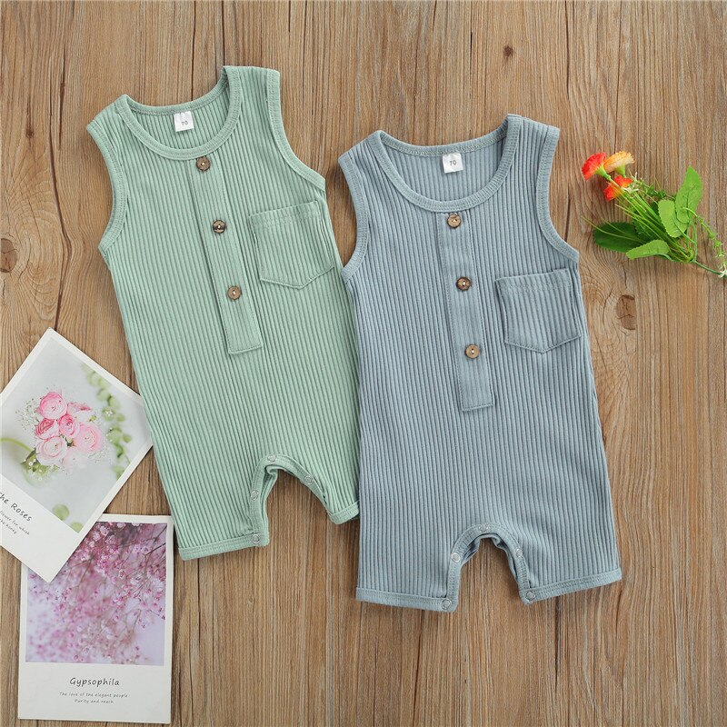 Pasgeboren Baby Meisjes Jongens Zomer Kleding Peuter Kids Baby Jongens Mouwloos Knop Gebreide Romper Jumpsuits Overalls Zachte Outfits