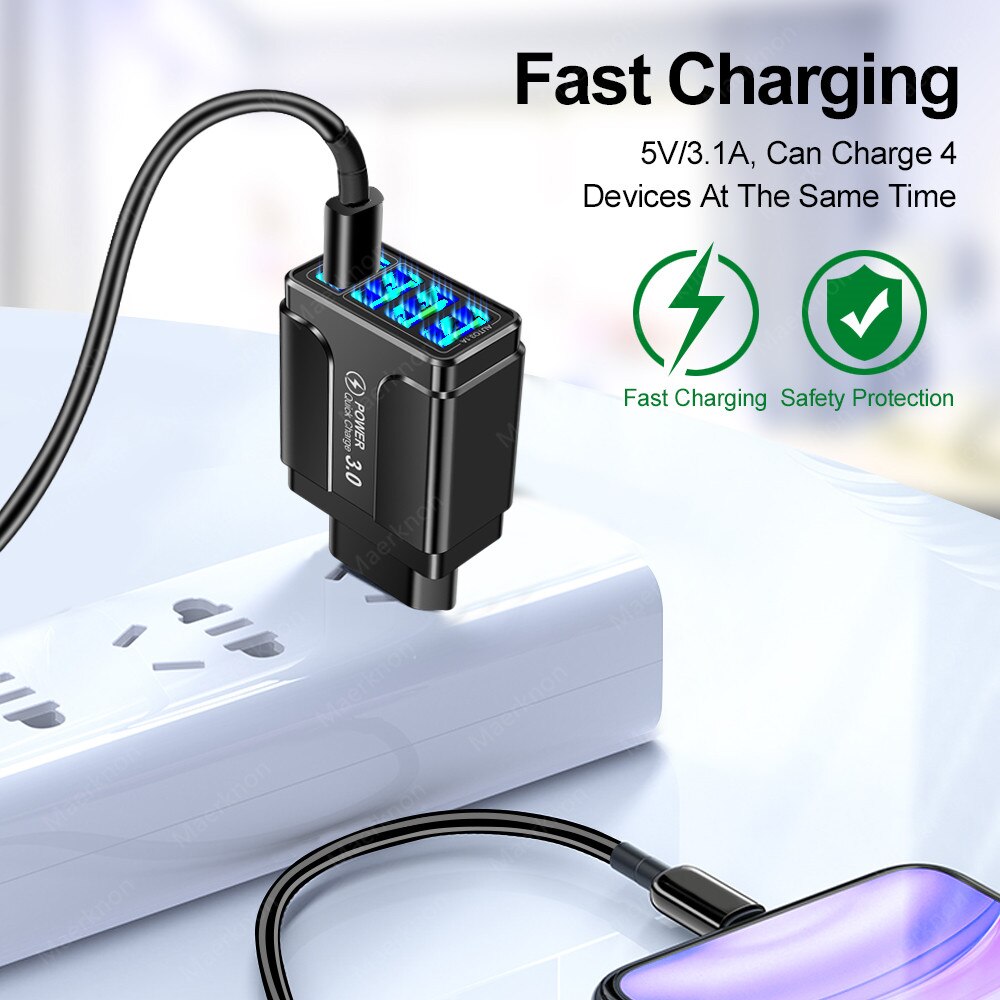 Chargeur USB universel 48W Quick Charge 3.0/4.0, avec lumière LED, compatible avec iPhone 12 et Xiaomi, pour téléphone portable et tablette