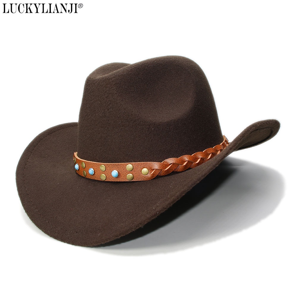LUCKYLIANJI-Sombrero de vaquero occidental para niño, banda de cuero trenzado, de ala ancha, talla única: 54cm
