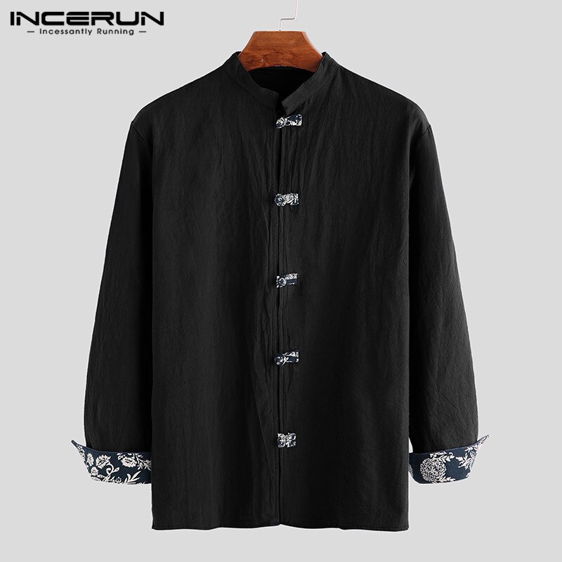 Incerun vintage heren overhemd katoen lange mouw effen mandarijn kraag streetwear camisa chinees traditioneel casual heren overhemd: Zwart shirt / Xxxl