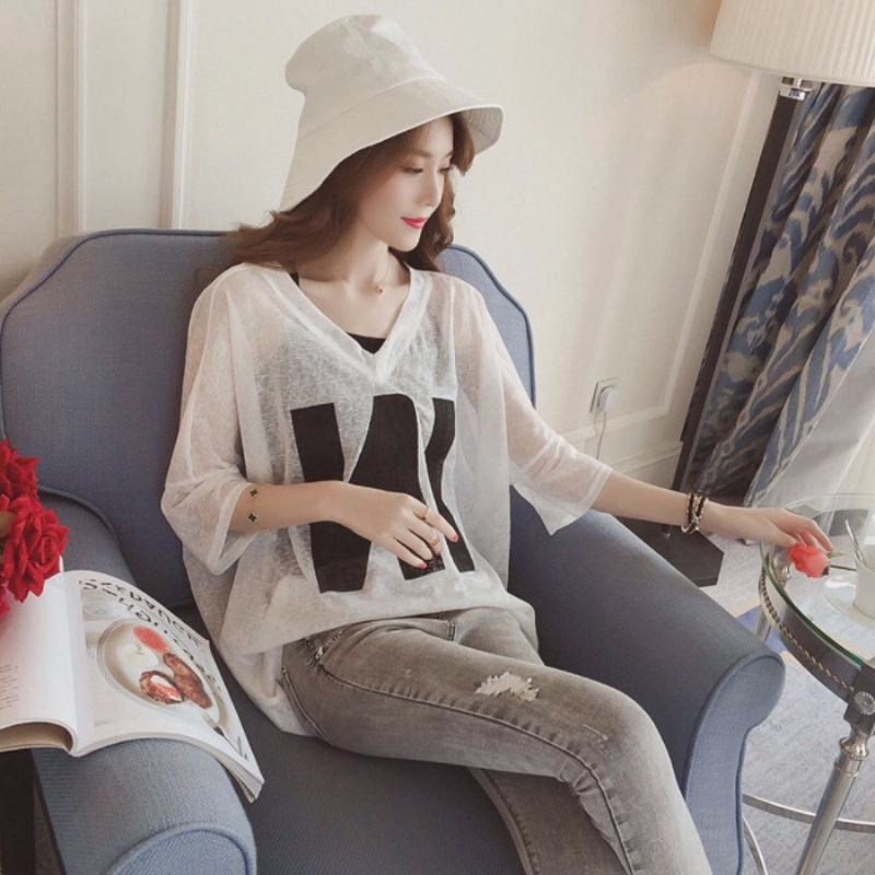 Dames Halve Mouw Losse T-Shirts V-Hals Zomer Causale Brief Print Gewassen Tops Pullovers Tees Streetwear Y 2K 2 Stuks T-Shirt + Tank: S / WHITE