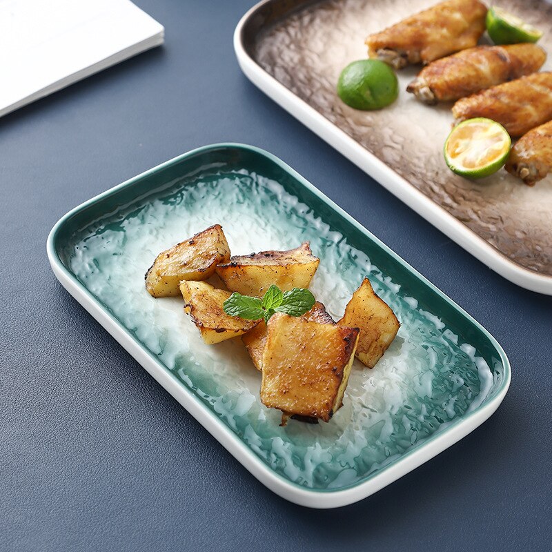 Ceramic household tableware high temperature glaze underhand color 10 inch rectangular plate simple plate unevenness fa