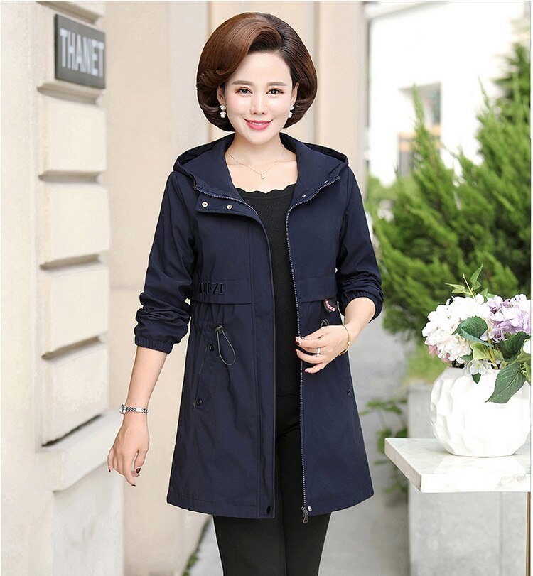 Printemps automne mère veste moyen-âge femmes décontracté à capuche manteau mi-long grande taille femme coupe-vent 5XL W2099: Navy / XXL