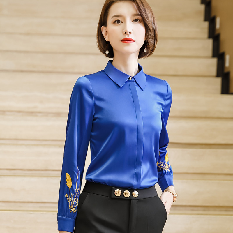 Blå chiffon skjorte kvinder forår broderede langærmede slanke bluser kontor damer arbejdstoppe: Blå / Xxxl
