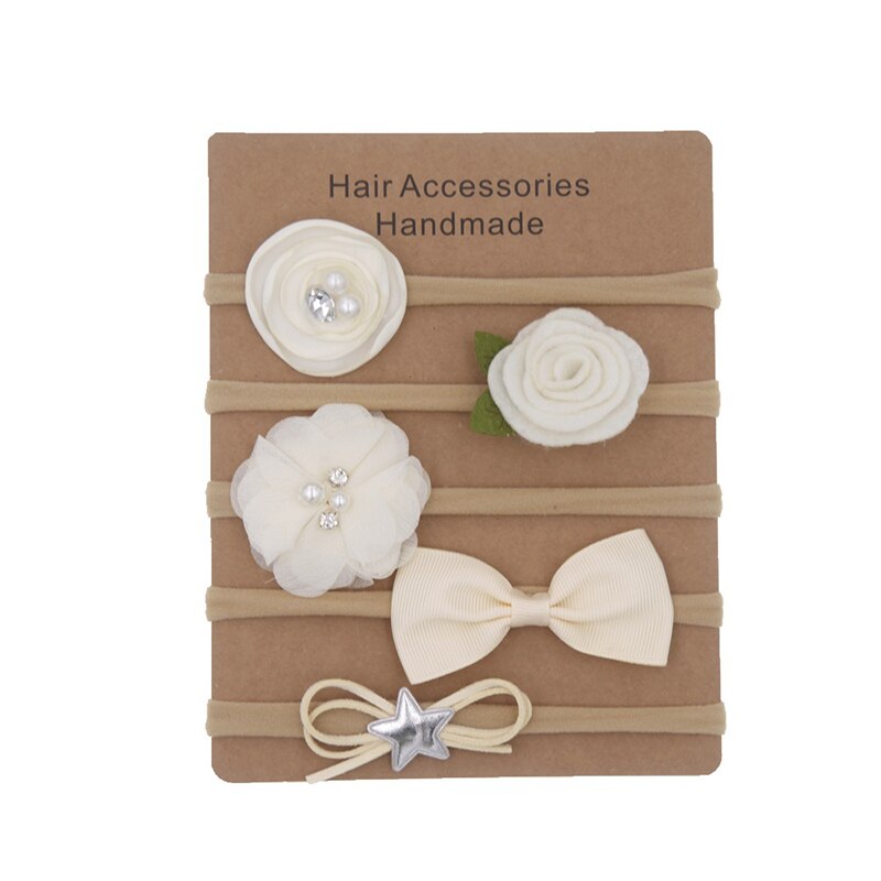 5 Pcs/Set Nylon Soft Baby Headband Pearl Flower Baby Girl Headbands Lace Bow Infant Kids Elastic Hair Band