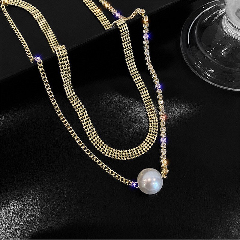 Fyuan moda dupla camada de cristal gargantilhas colares para mulheres pérola colares de jóias: gold