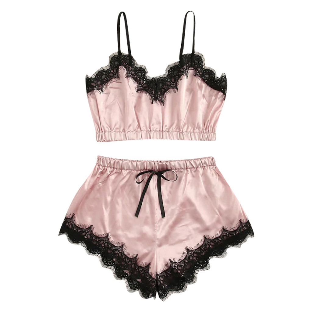 Kvinnor sexiga nattkläder ärmlös rem nattkläder spetskant satin cami topp pyjamas set topp +shorts ropa de dormir: Rosa / M