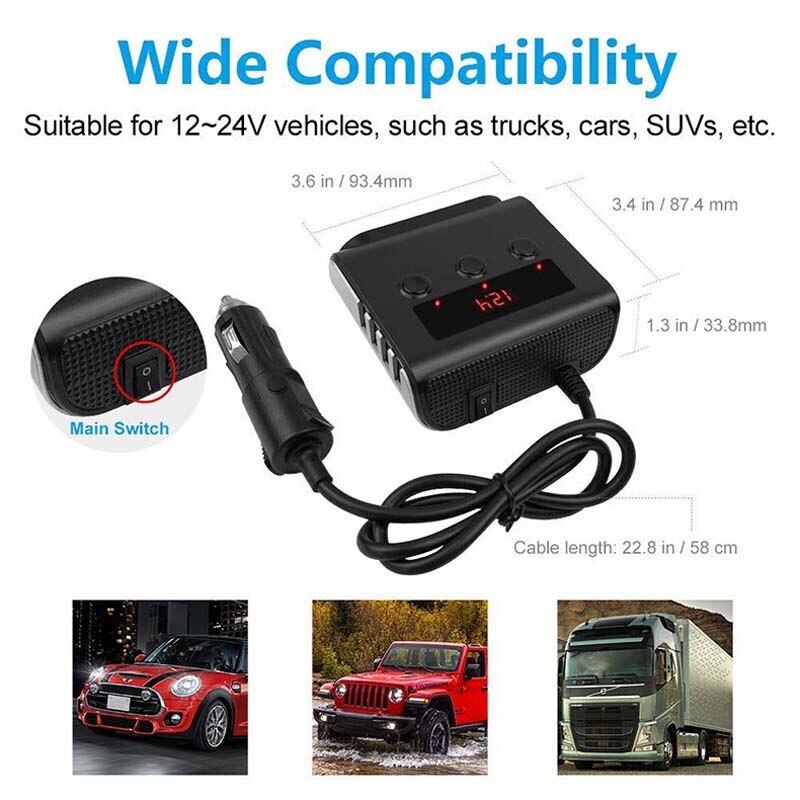 Sigarettenaansteker Splitter 4 Usb Charger Adapter 3.6A 100W Led Voltage Detectie Met Schakelaar Voor Mobiele Telefoon MP3 Dvr