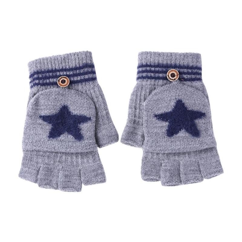 2 pçs inverno flip dedo luvas espessadas luvas de esqui estrelas dos desenhos animados mão muff: Grey